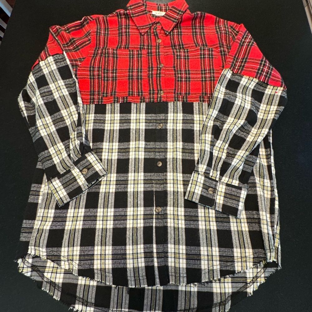 Oversized cotton flannel two-tone plaid tunic